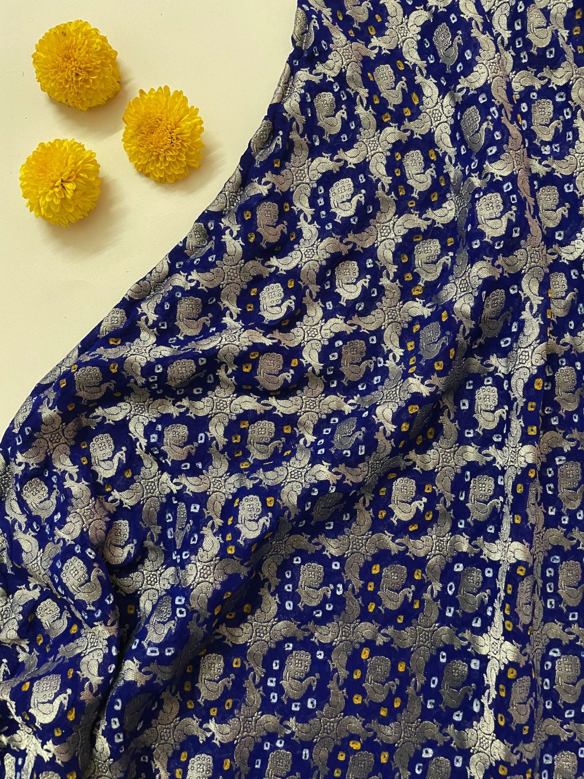 Blue Georgette Silk Bandhani Blouse With Peacock Motif