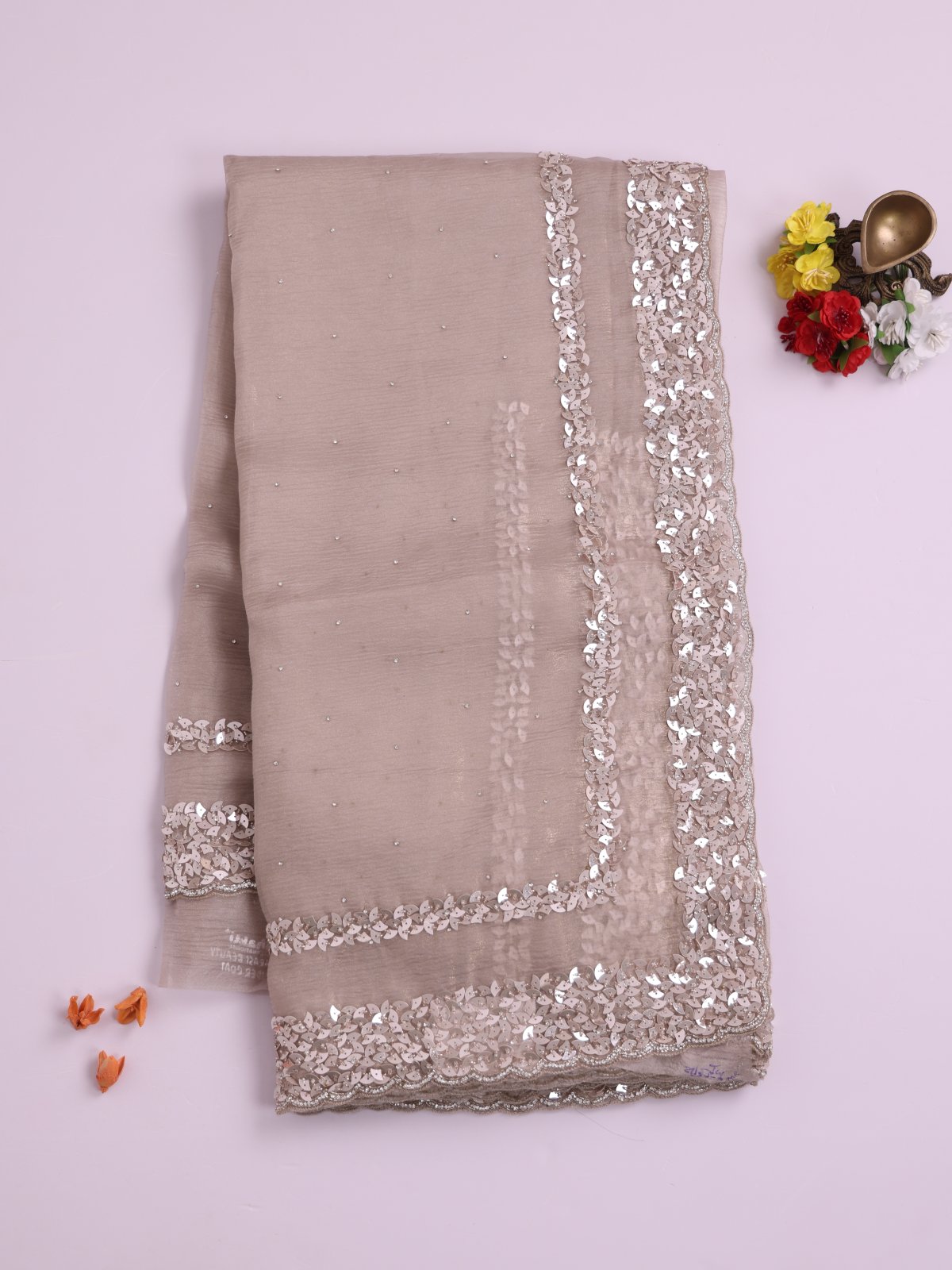 Light Grey Crushed Georgette Silk Saree With Sequins Border