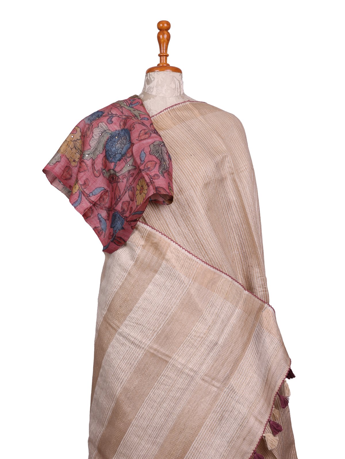 Beige Zari Checked Tussar Silk Saree With Dusty Pink Kalamkari Blouse