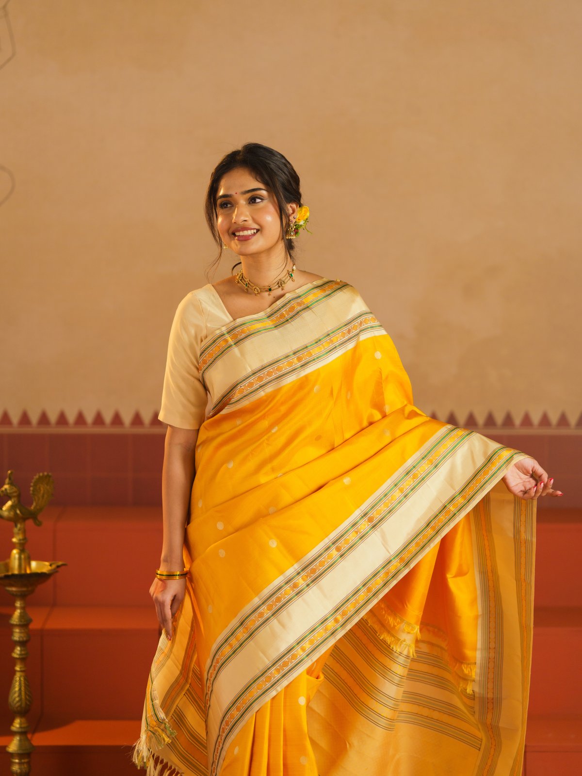 Crafted 29 - Yellow Kanjeevaram Silk Saree With Cream Pattupettu Border