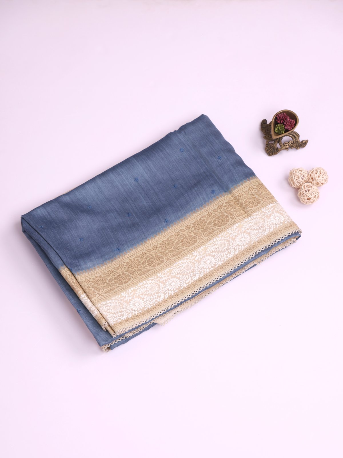 Greyish Blue Munga Silk Saree With Cream Embroidered Border