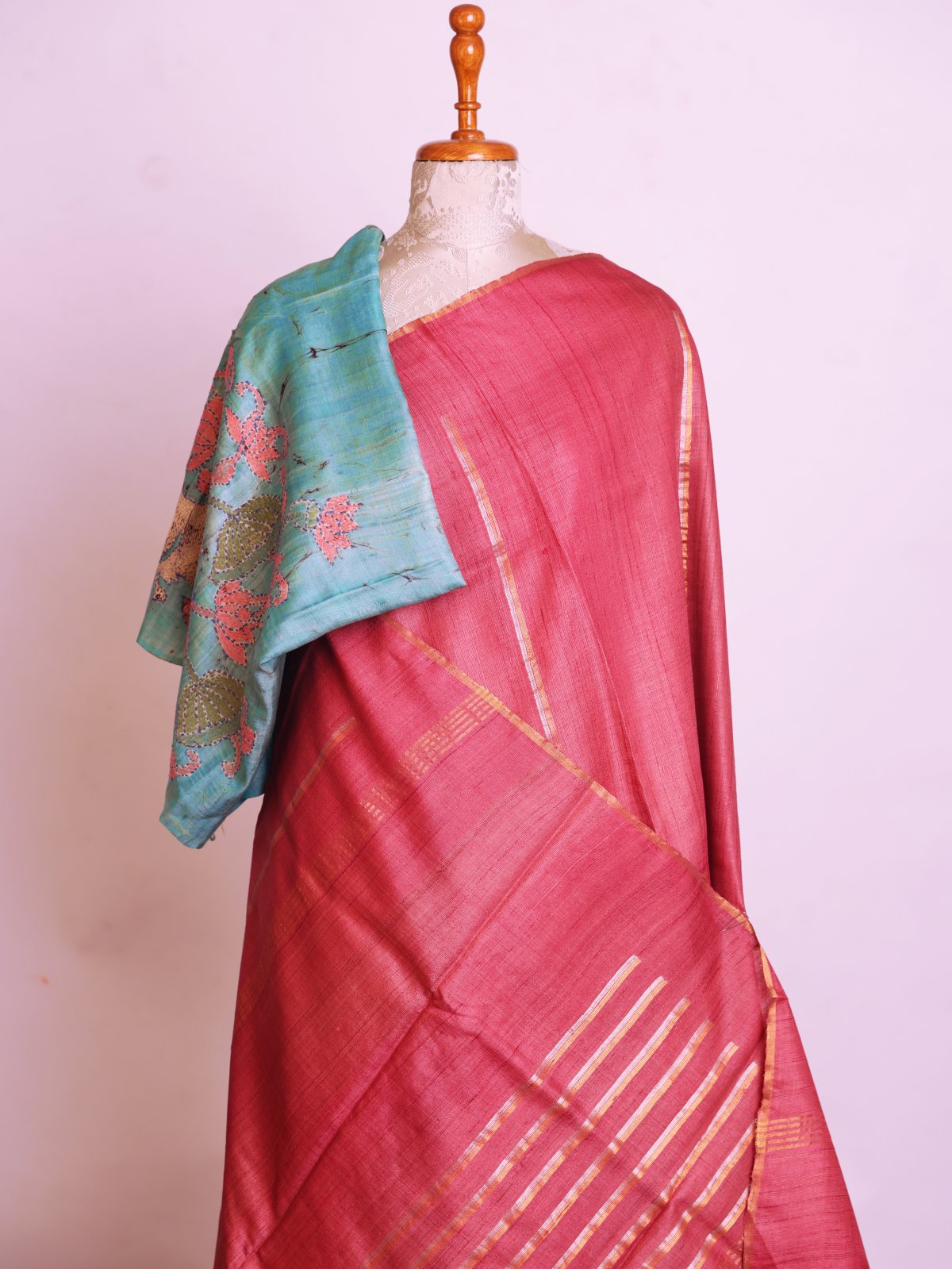 Dusty Red Tussar Silk Saree with Teal Green Embroidered Blouse