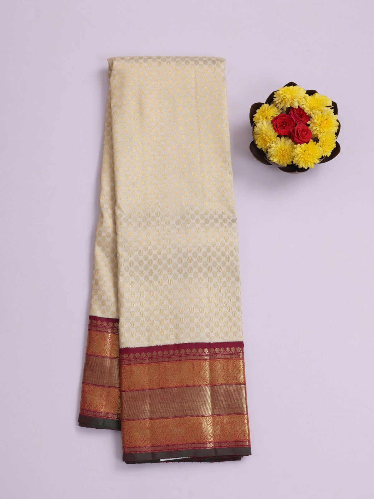 Off- White Zari Brocade Kanjeevaram Silk Saree With Araku Border