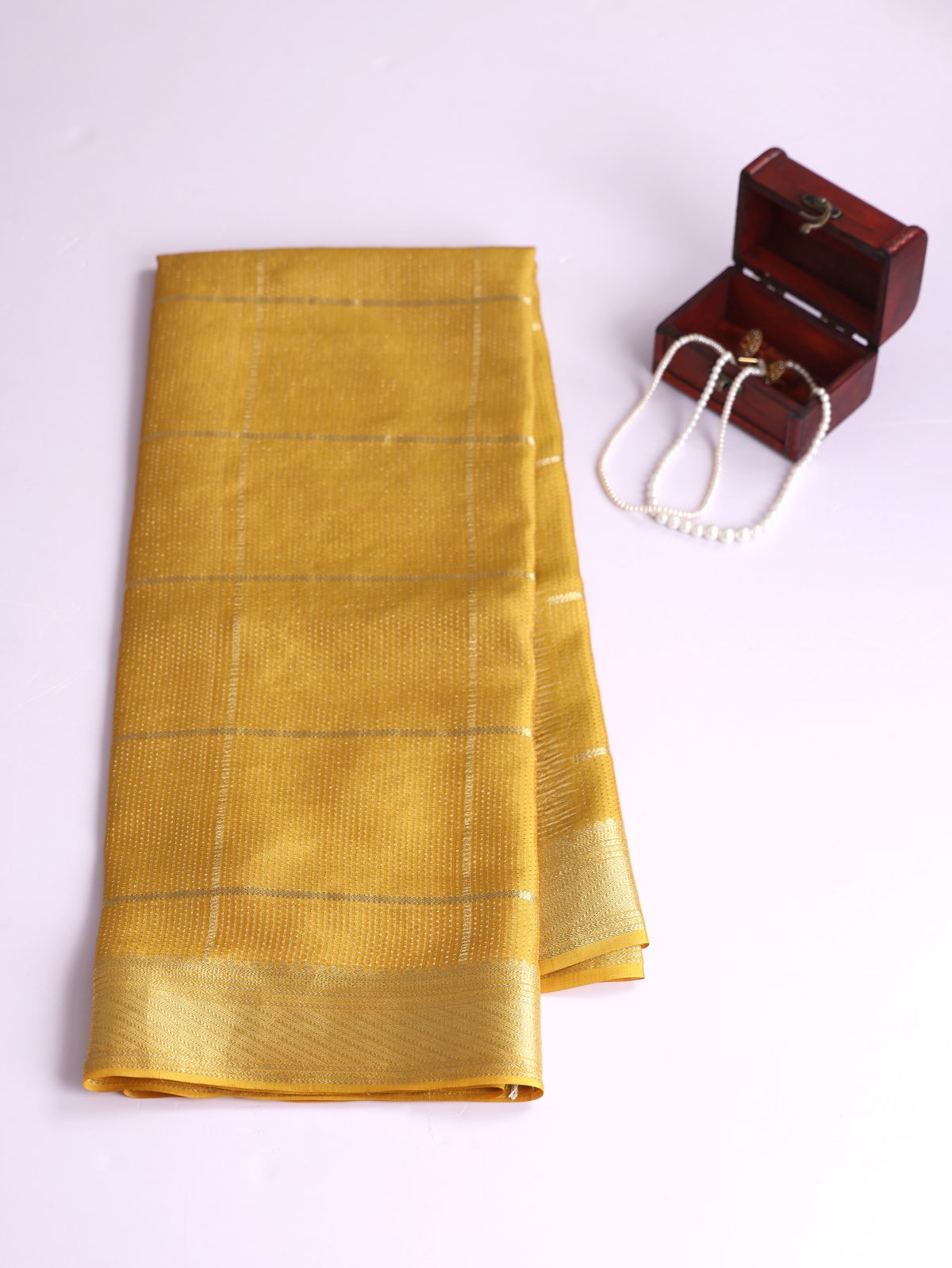 Mustard Yellow Zari Checked Mysore Crepe Silk Saree