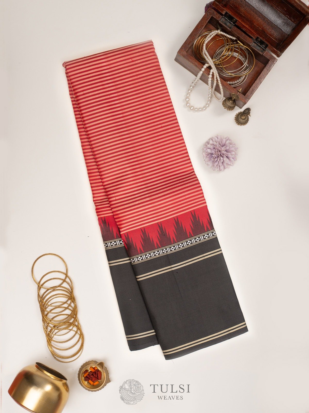 Striped Red Kanjeevaram Silk Saree