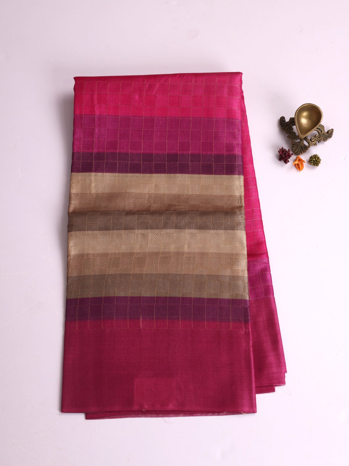 Magenta Pink Zari Checked Printed Tussar Silk Saree With Magenta Border