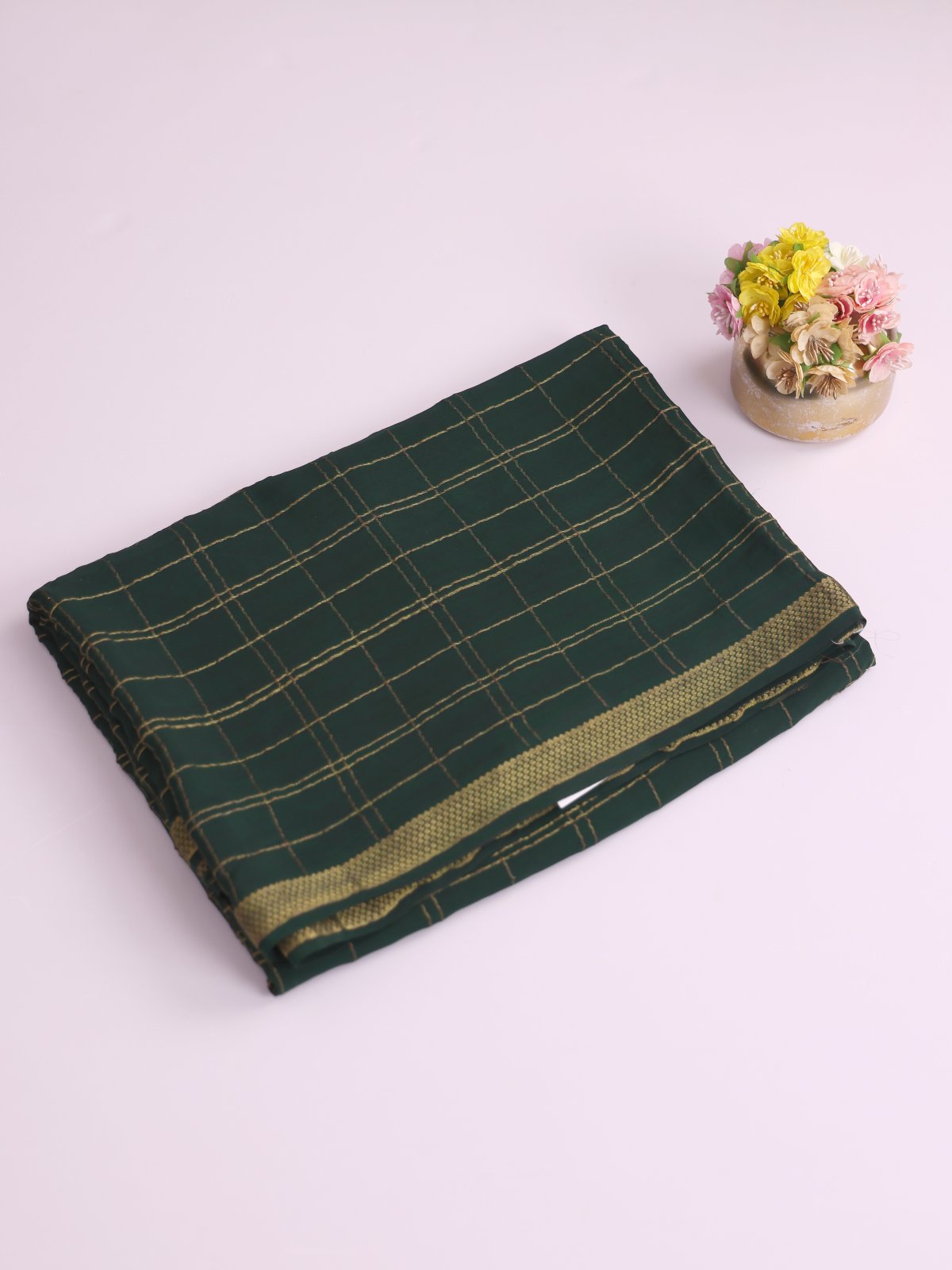 Bottle Green Checked Mysore Crepe Silk Saree With Kalamkari Blouse And Pallu