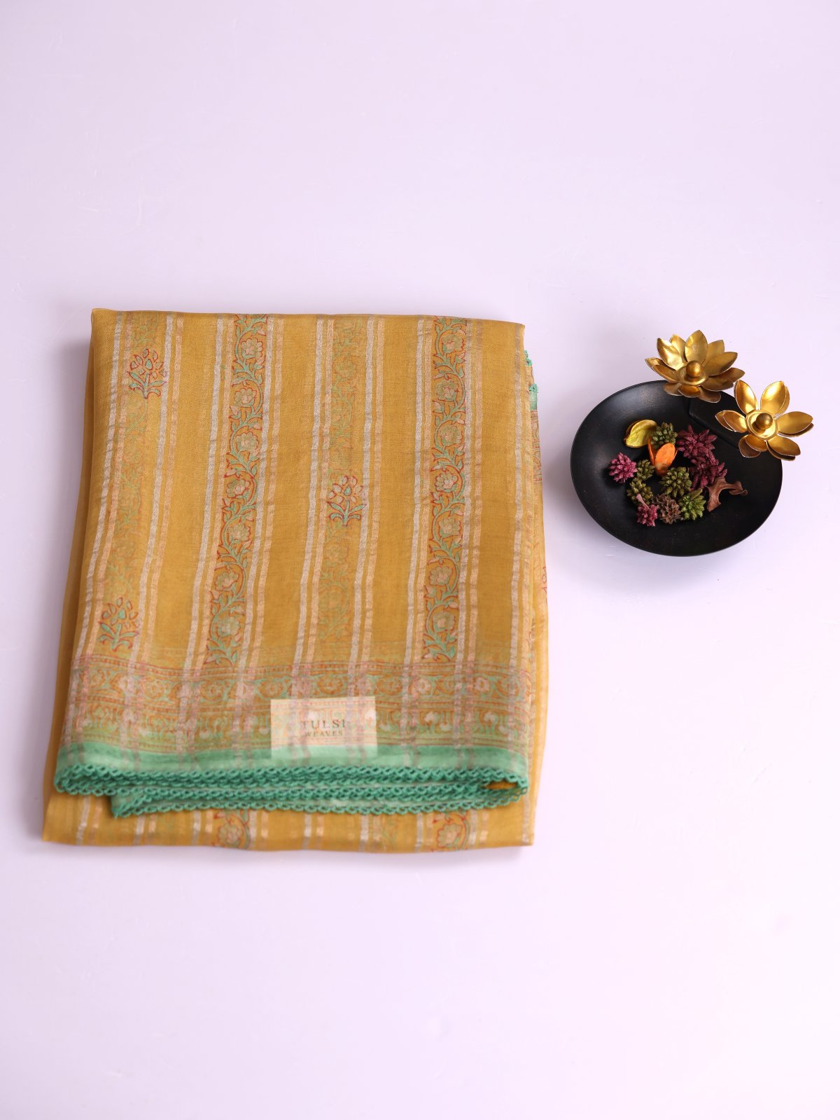 Pastel Yellow Printed Organza Silk Saree