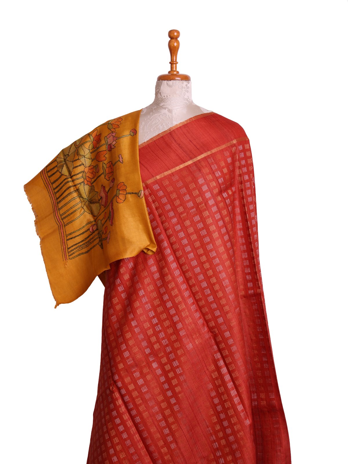 Rust Orange Tussar Silk Saree with Kantha Embroidered Blouse