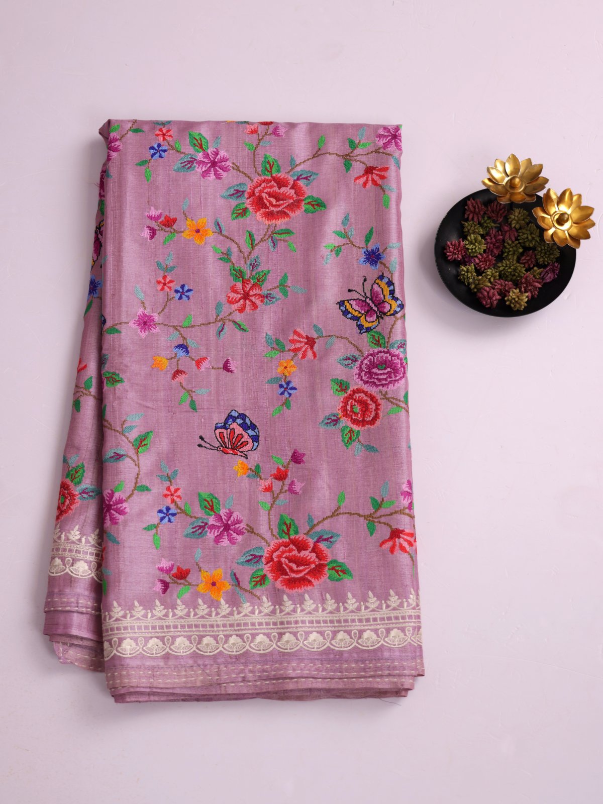 Lavender Tussar Silk Saree With Cross-Stitch Embroidery