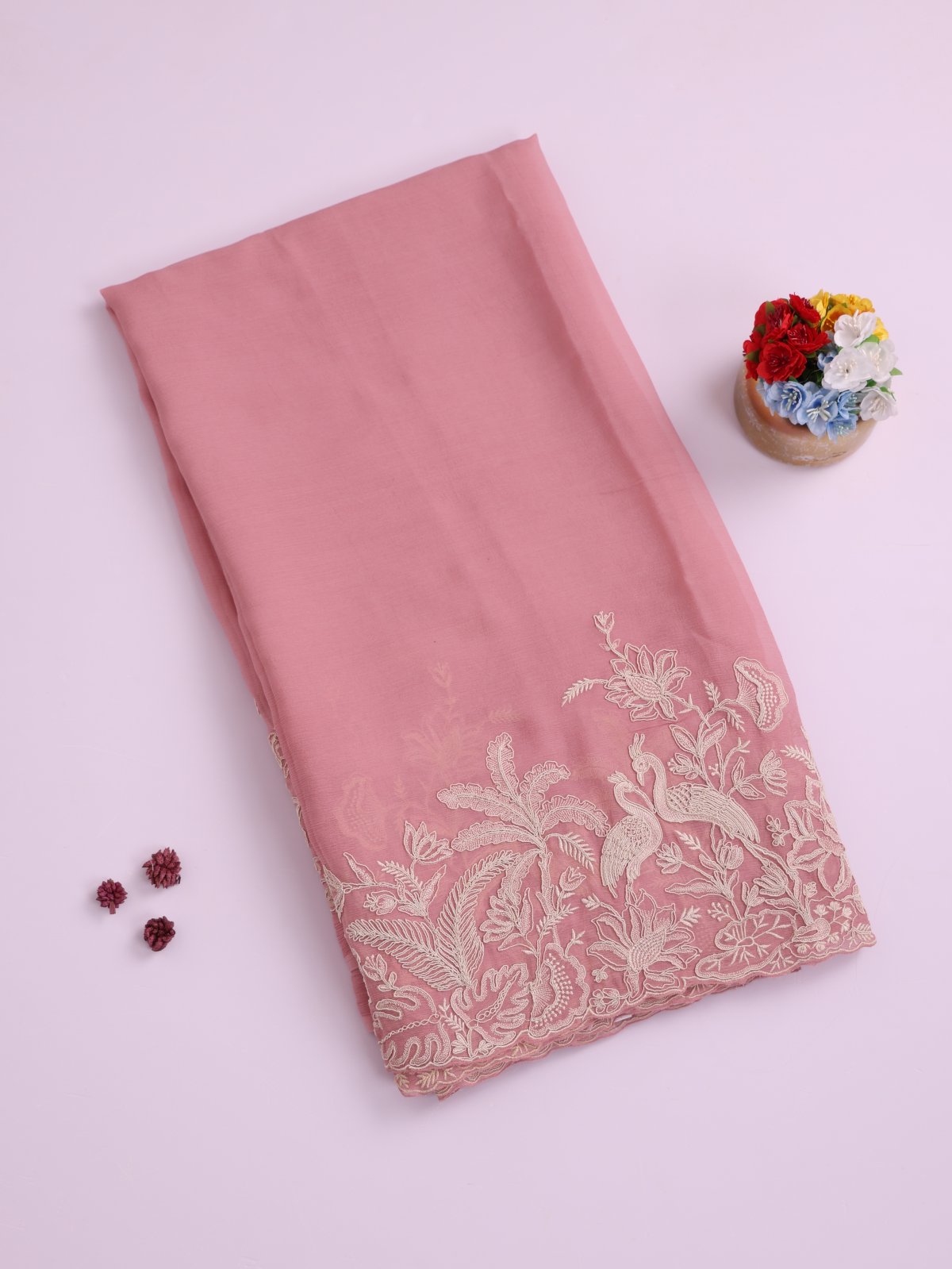Pink Embroidered Chiffon Saree