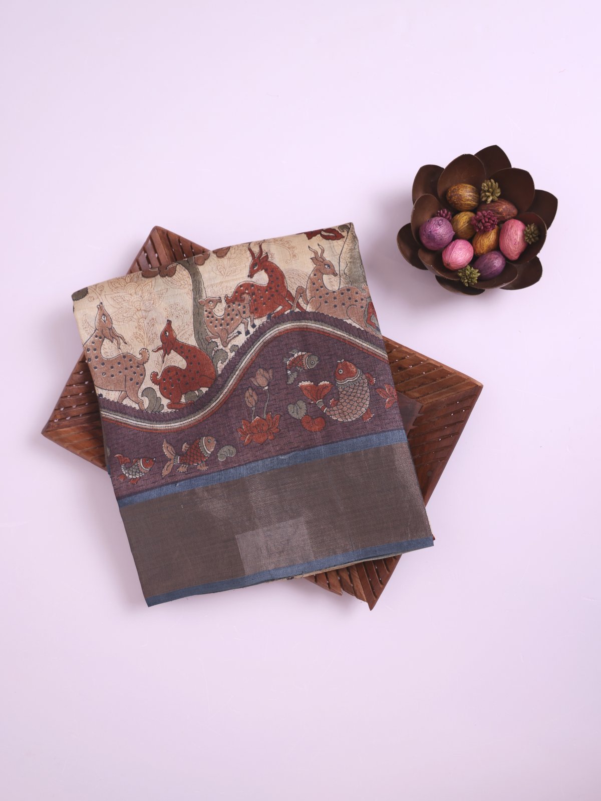 Beige Printed Tussar Silk Saree