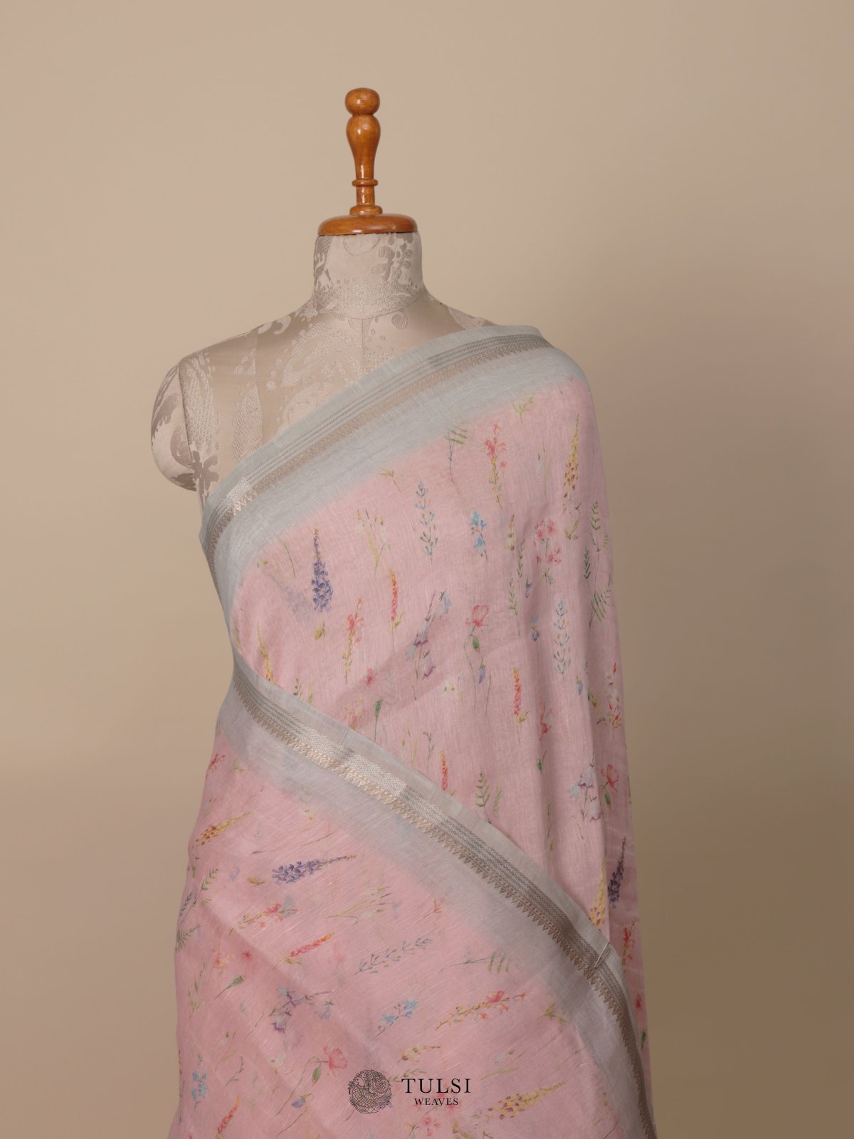 Light Pink Printed Linen Saree