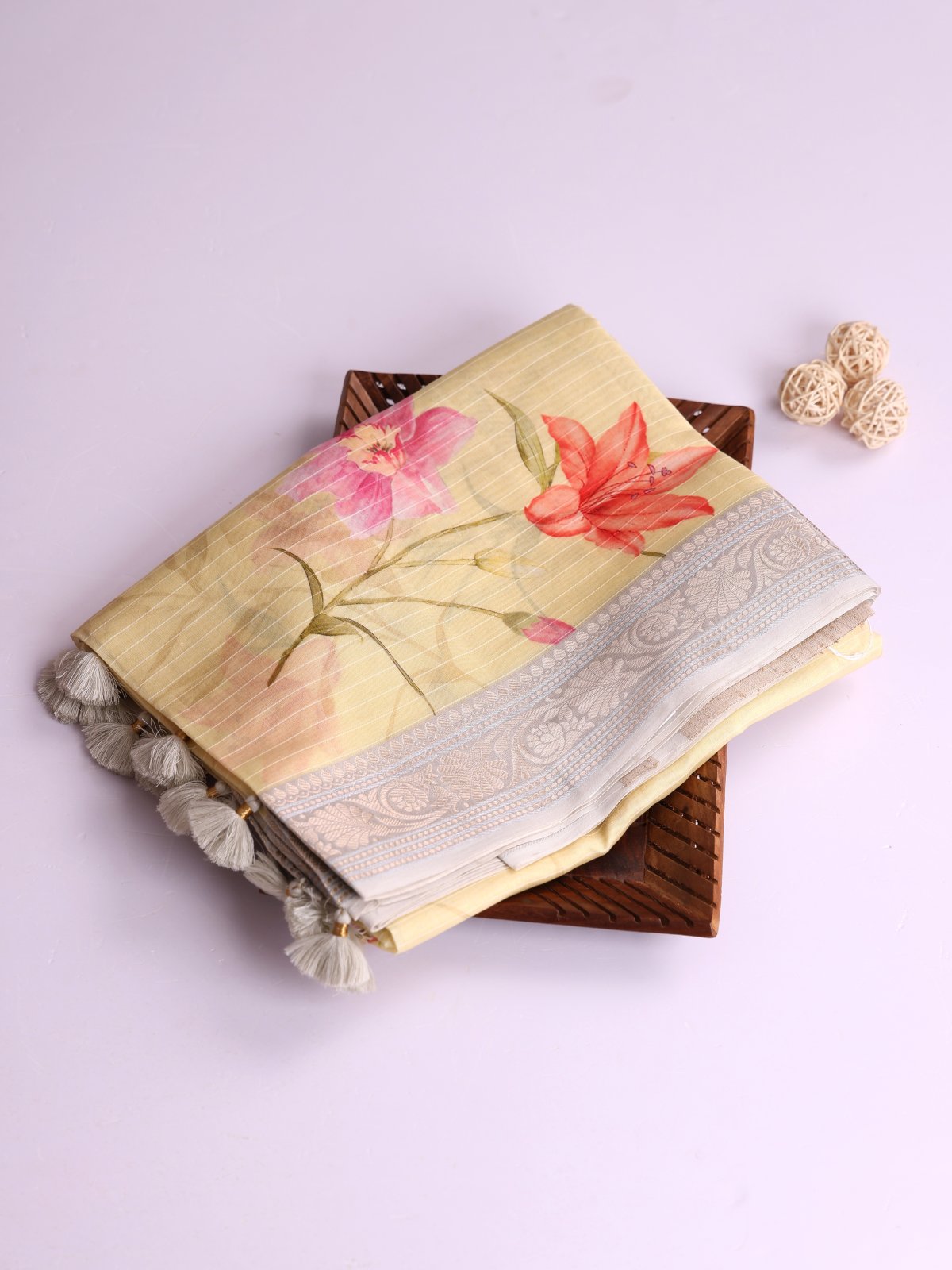 Light Yellow Printed Chanderi Cotton Saree With Light Grey Zari Border