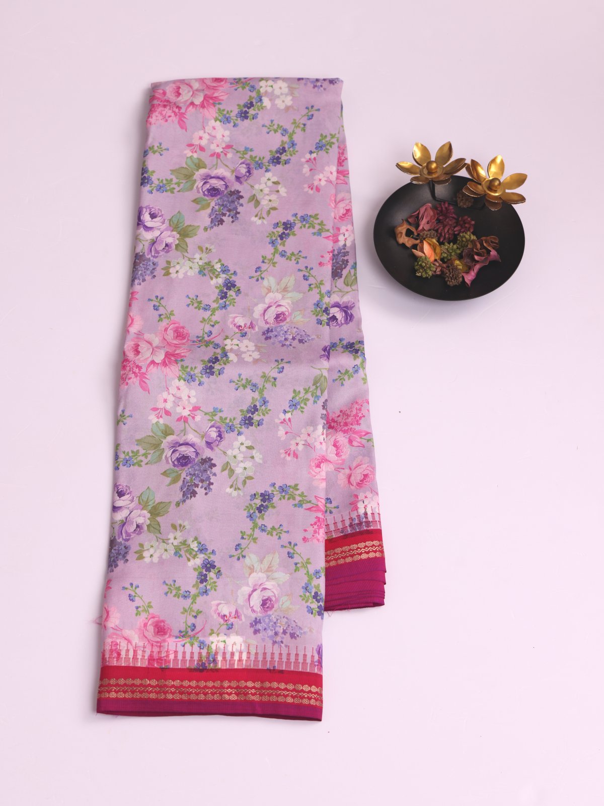 Lilac Printed Kanjeevaram Silk Saree With Pink Border