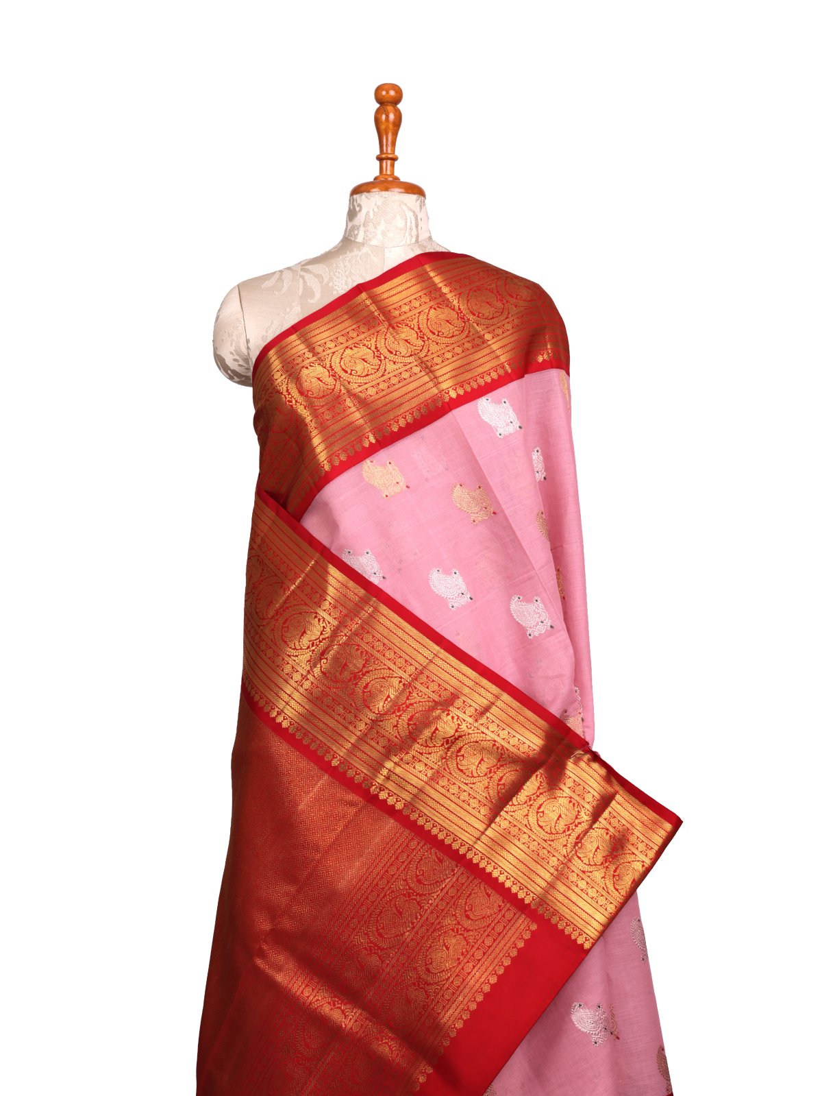 Pastel Pink Khadi Cotton Saree With Red Kanjeevaram Silk Border