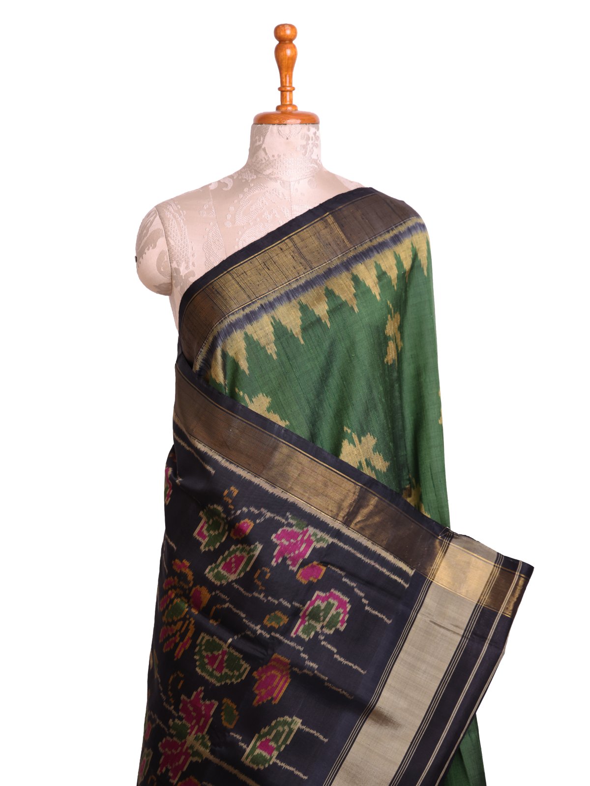 Dark Green Raw Silk Patola Saree with Black Border
