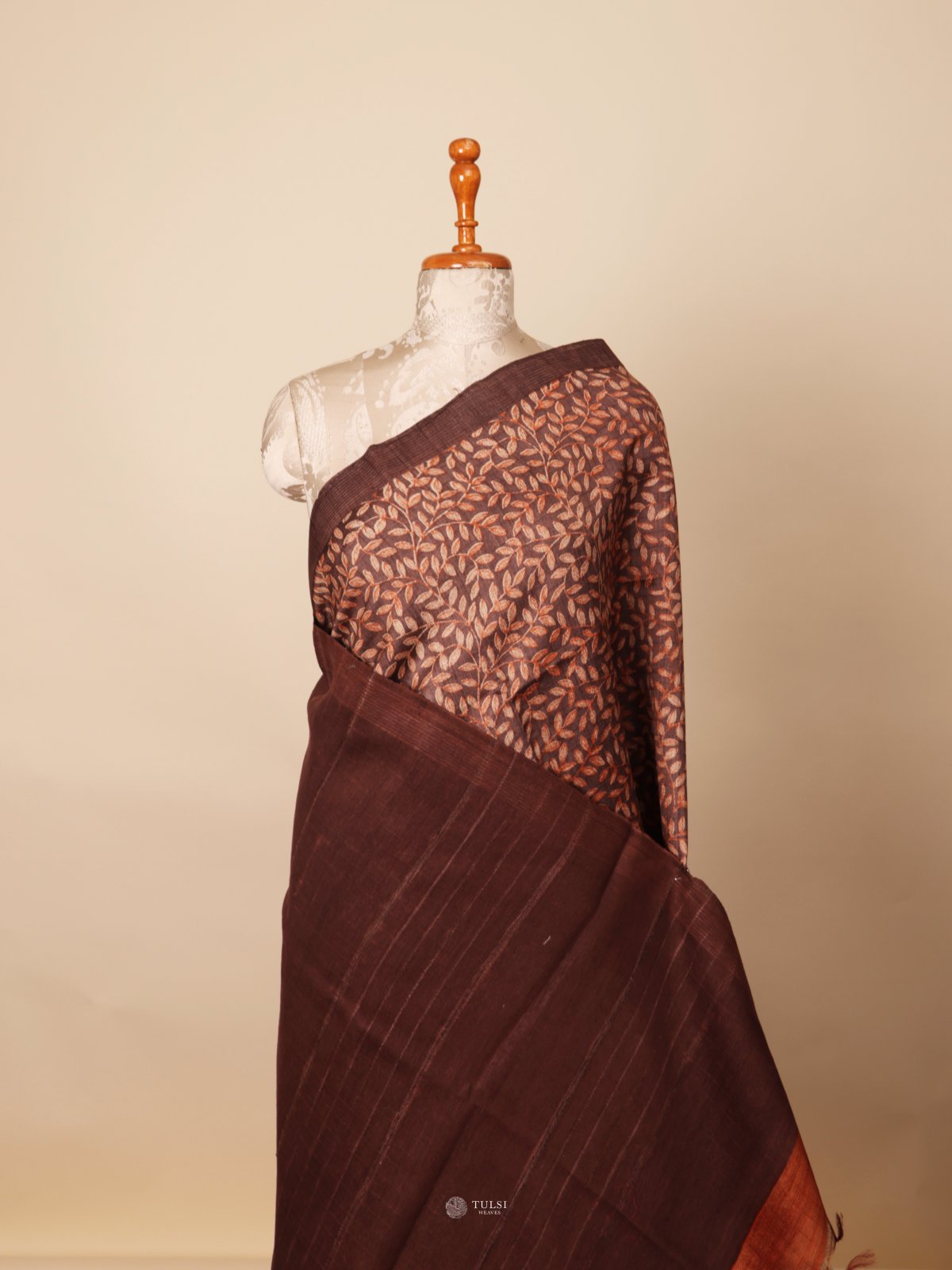 Brown Printed Tussar Silk Saree