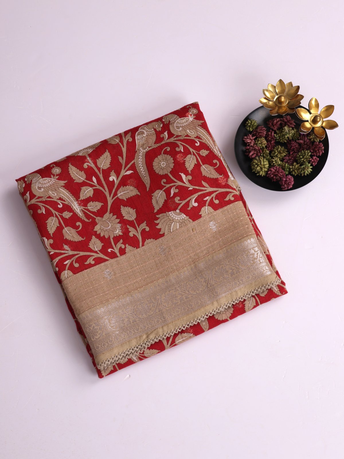 Red Printed Munga Tussar Silk Saree With Beige Kantha Embroidered Border