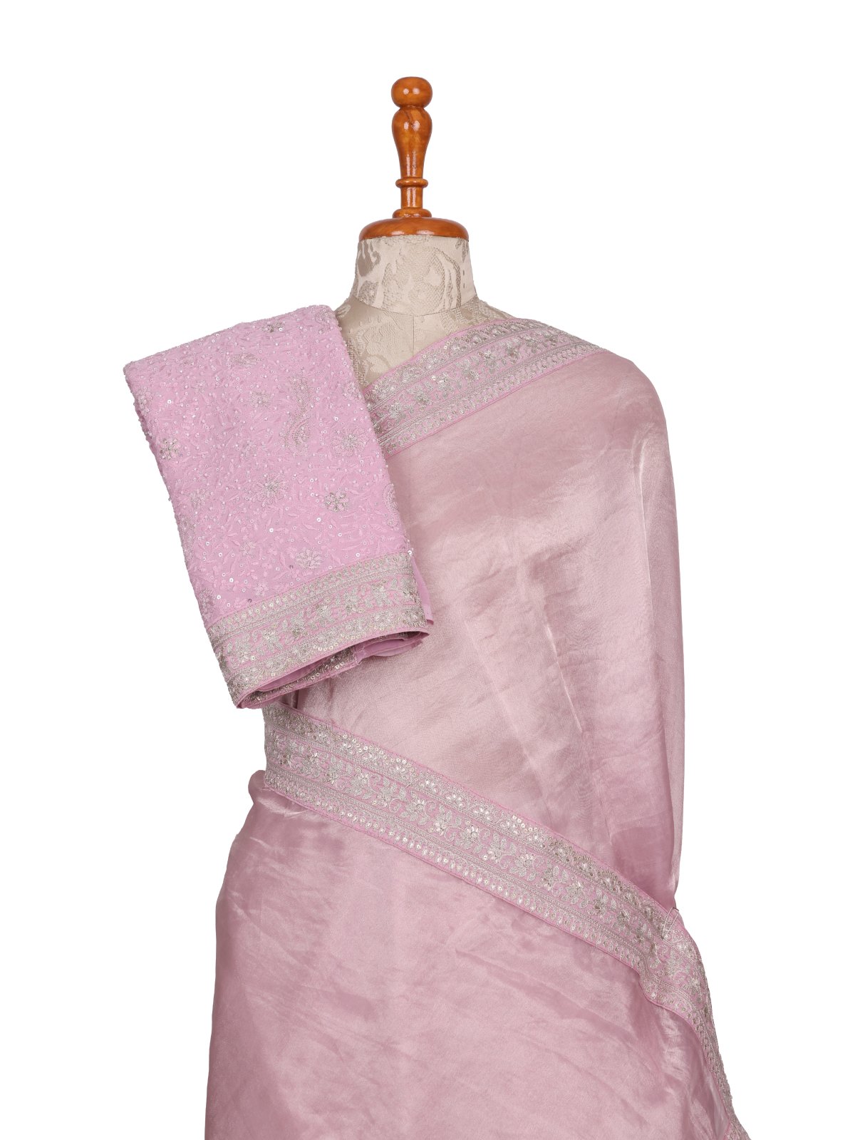 Onion Pink Tissue Organza Silk Saree With Embroidered Blouse