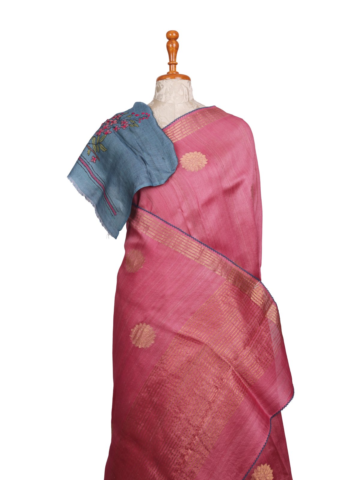 Pink Tussar Silk Saree With Kantha Embroidery