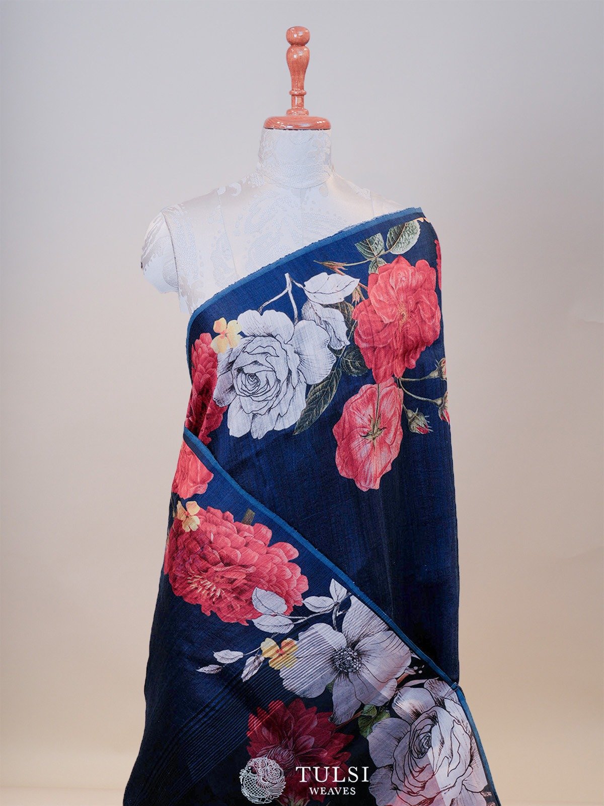 Dark Blue Printed Linen Saree