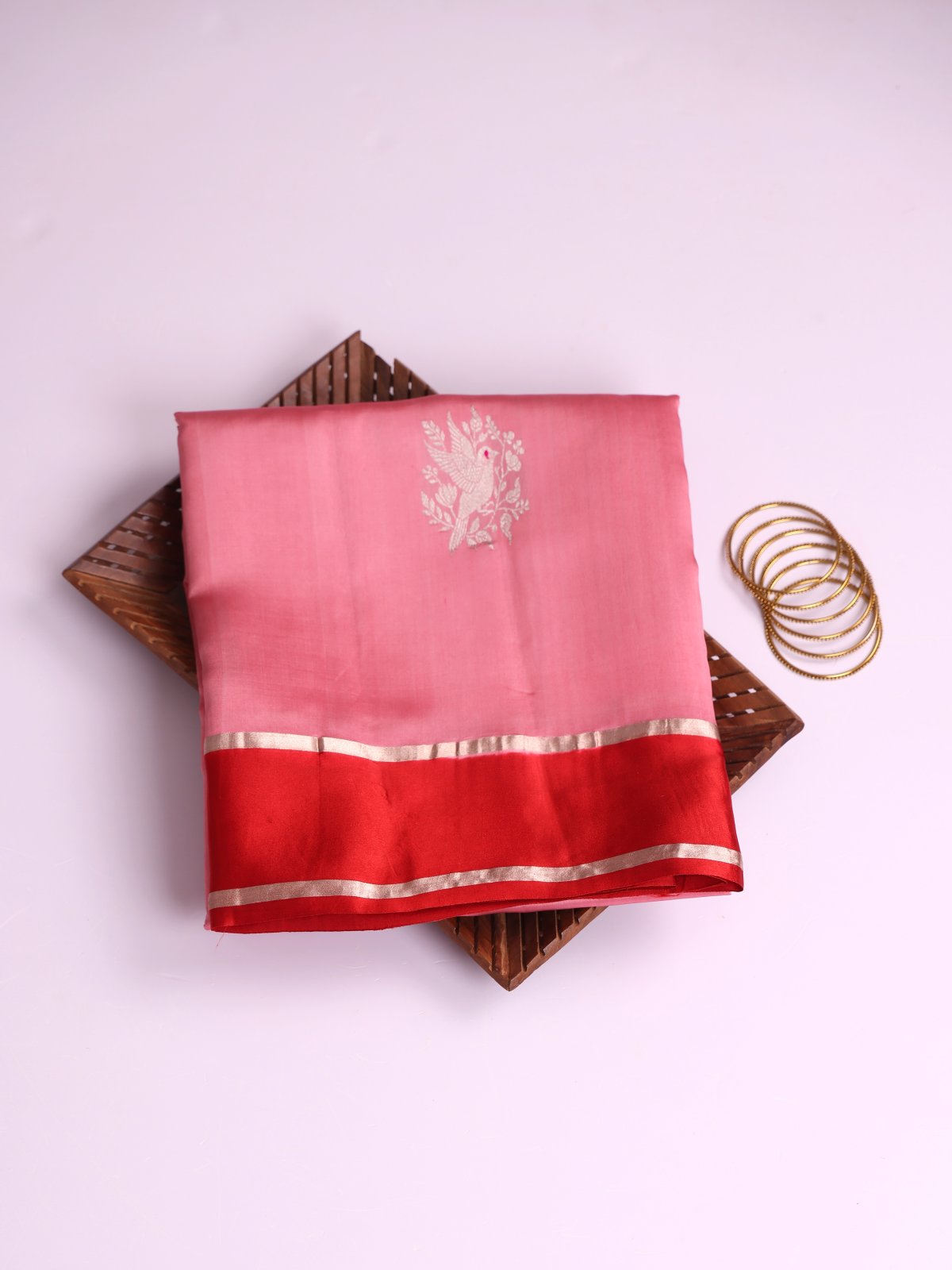 Peachy Pink Mashru Silk Saree With Red Satin Border