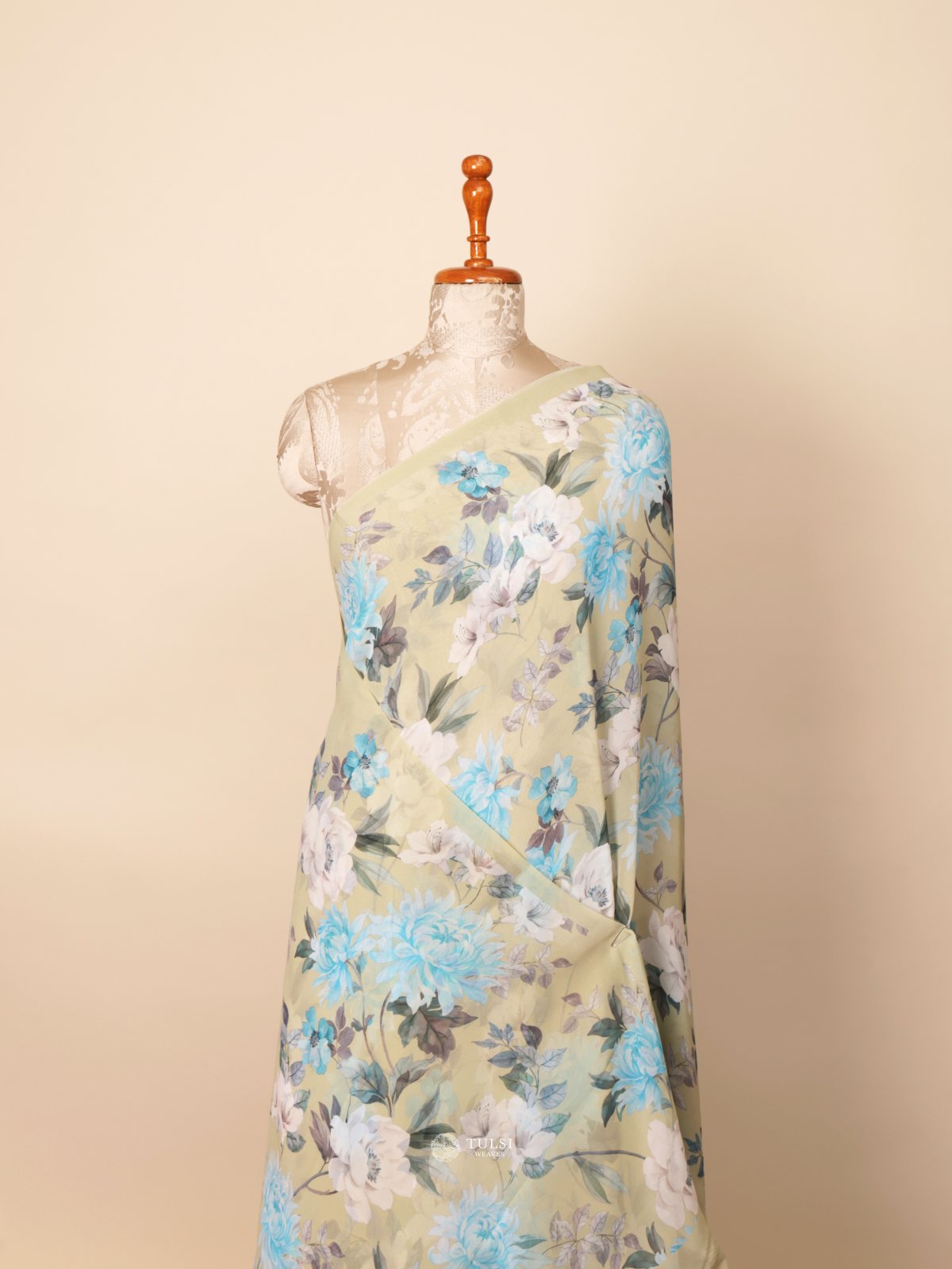 Light Green Floral Printed Georgette Silk Saree