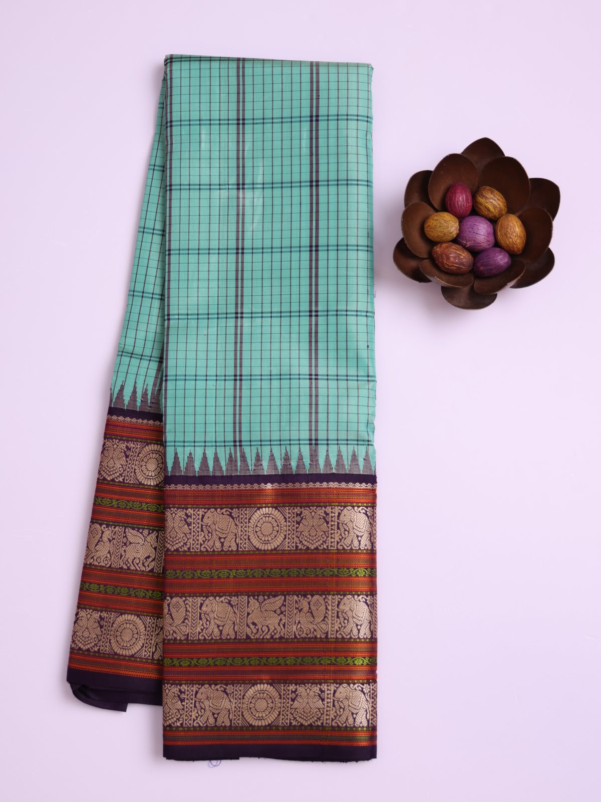 Light Turquoise Checked Kanjeevaram Pattu Pettu Silk Saree with Purple Border