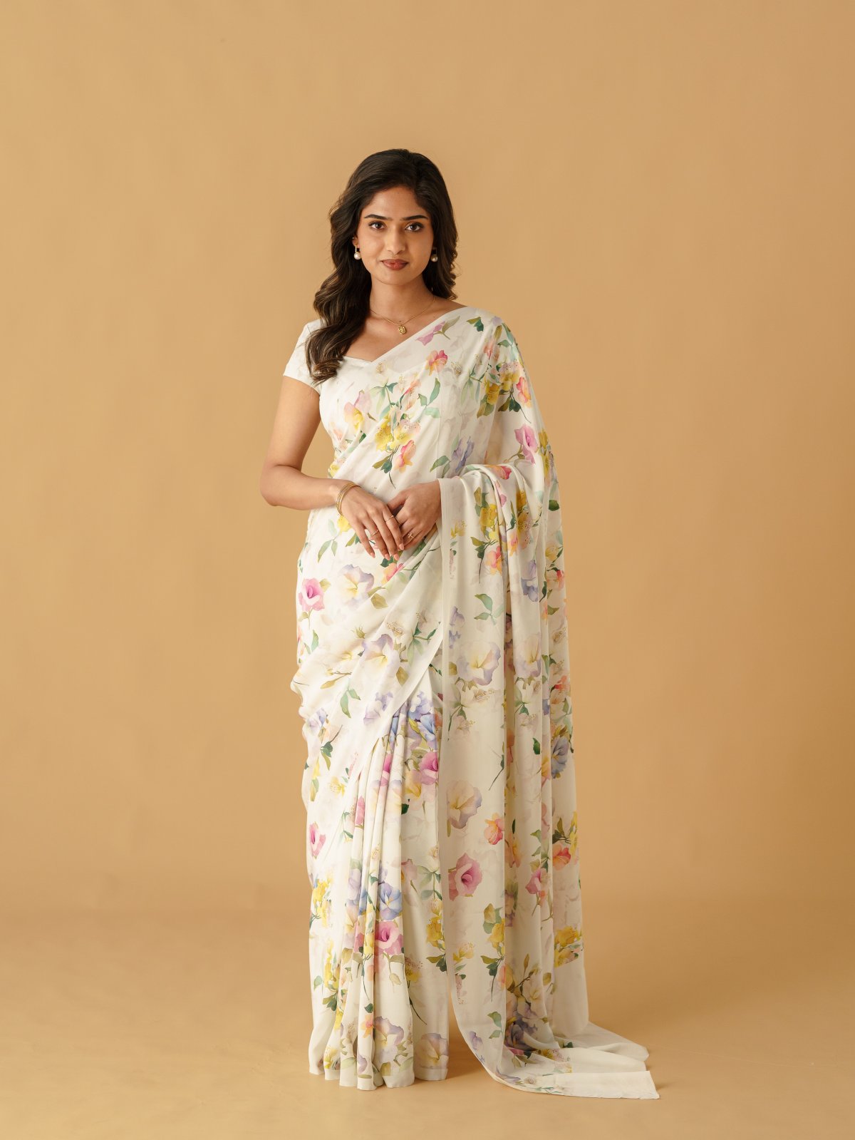 Off - White Printed Crepe Silk Saree