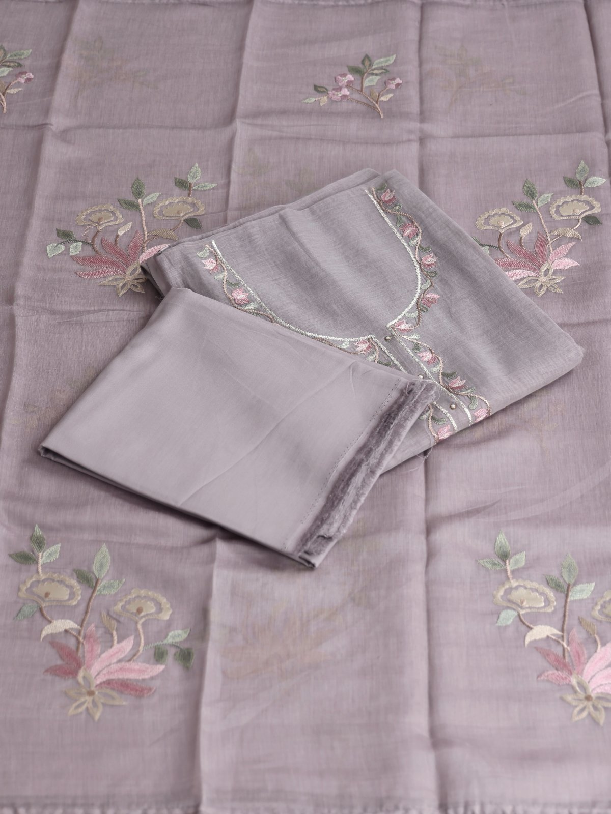 Grey Embroidered Mul Chanderi Cotton Salwar Material