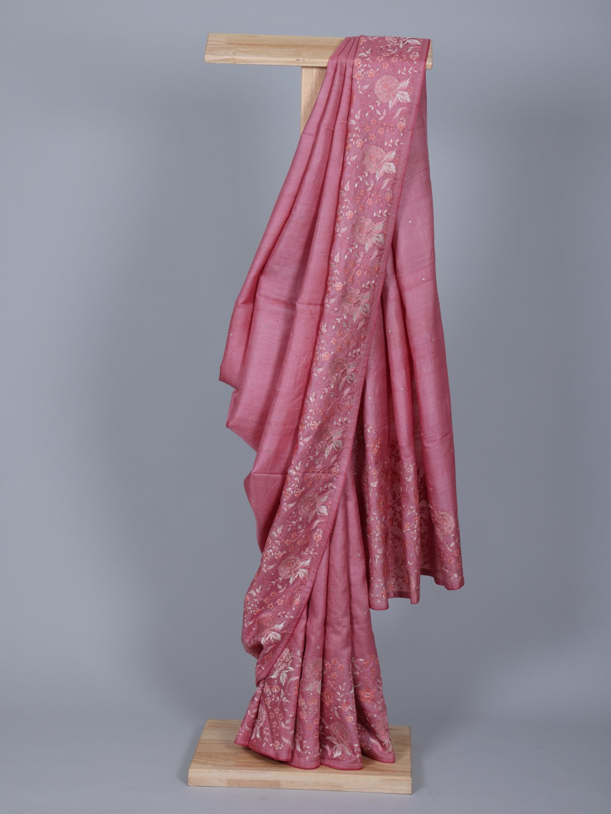 Dusty Pink Tussar Silk Saree with Floral Embroidery Border