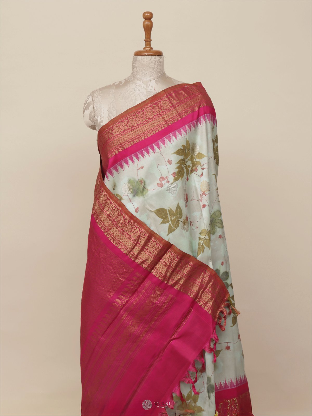 Mint Green Eco Print Gadwal Silk Saree