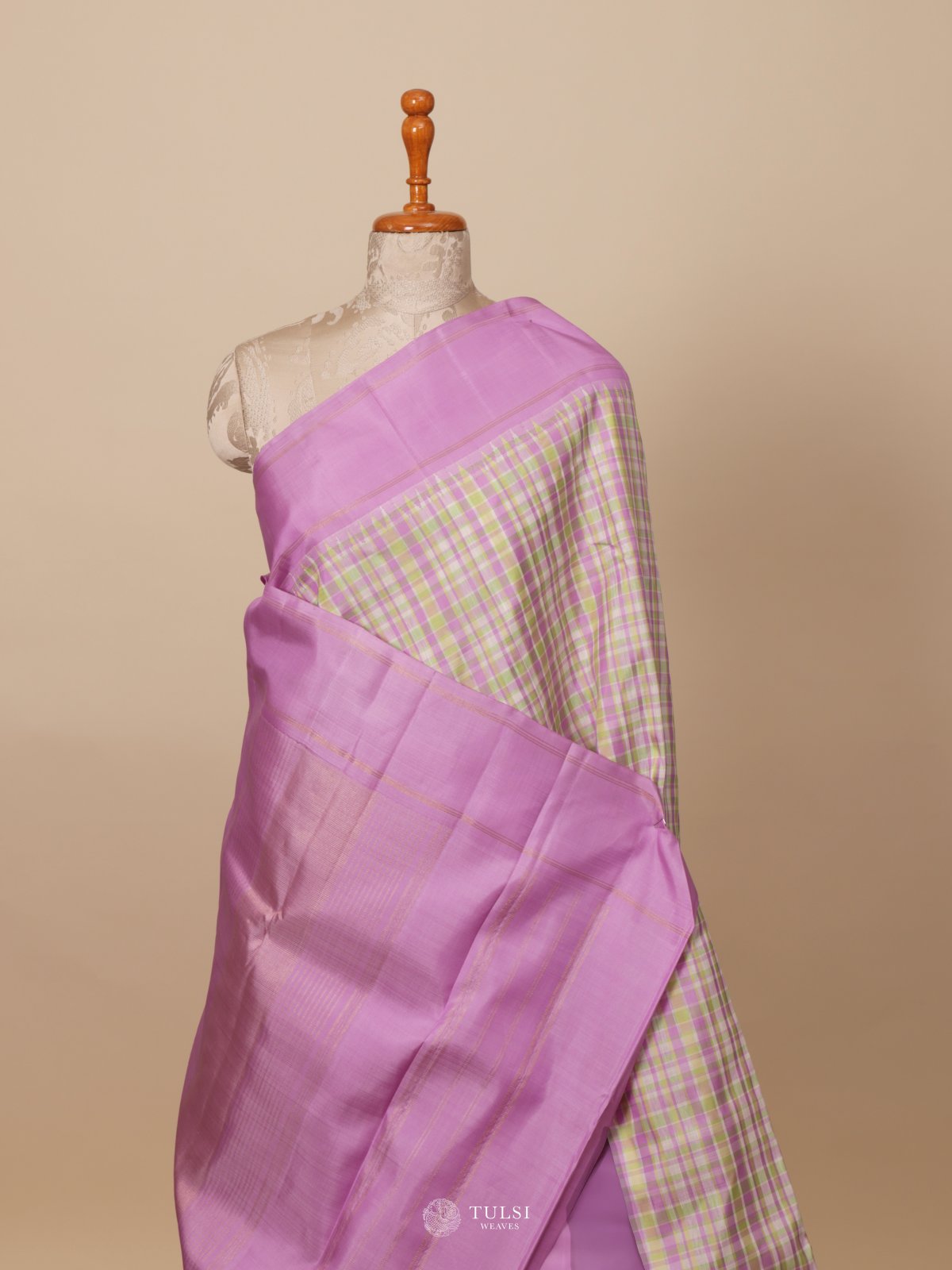 Multi Color Checked Linen Kanjeevaram Silk Saree