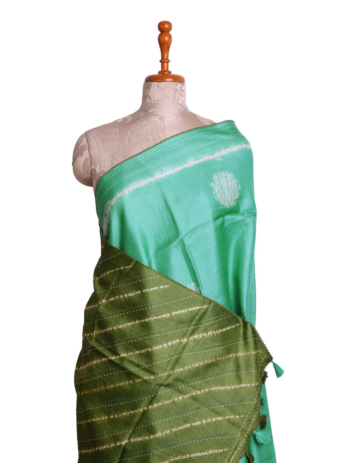 Turquoise Green Printed Tussar Silk Saree