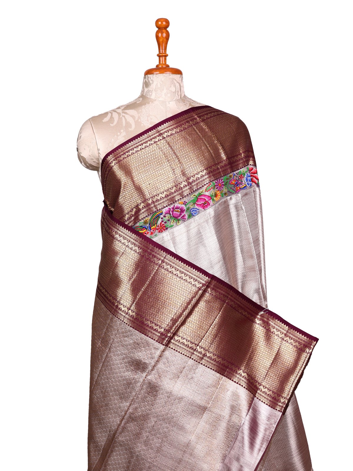 Burgundy Zari Brocade Kanjeevaram Silk Saree With Petite Embroidery