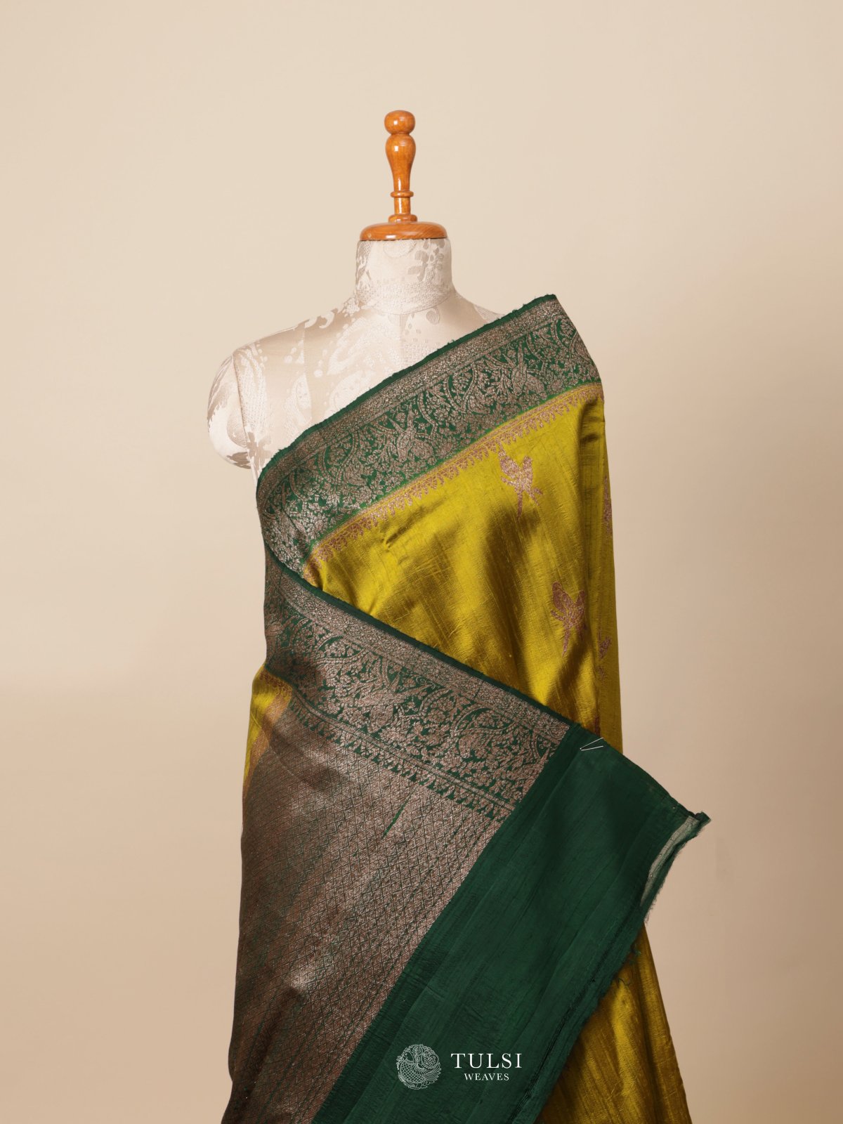Greenish Yellow Banaras Tussar Silk Saree