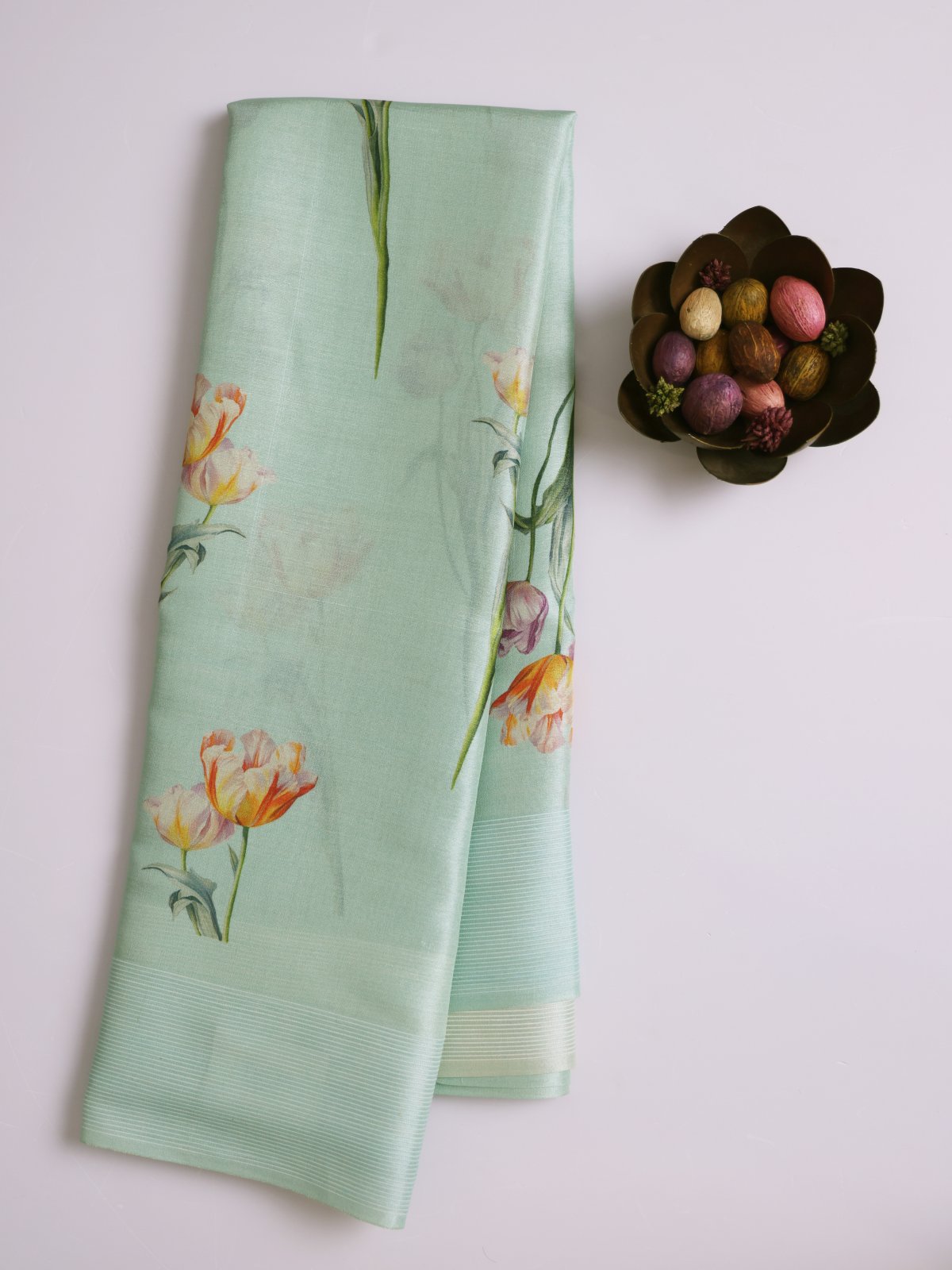 Mint Green Printed Tussar Silk Saree