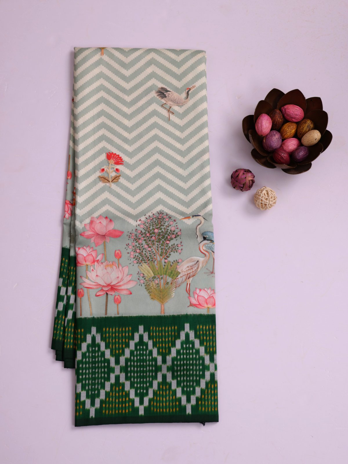 Sage Green Printed Silk Saree With Green Border