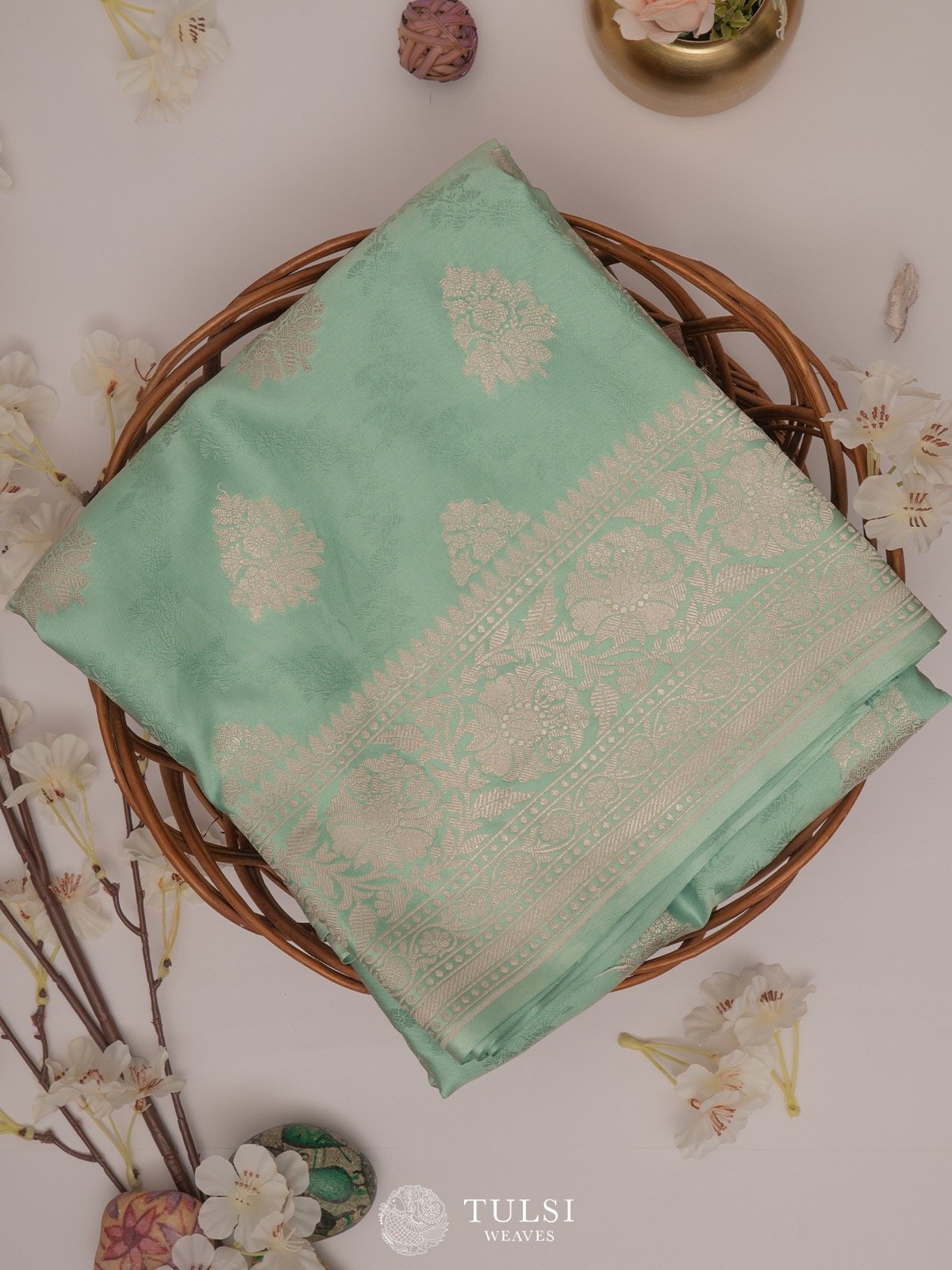 Turquoise Banarasi Crepe Silk Saree 