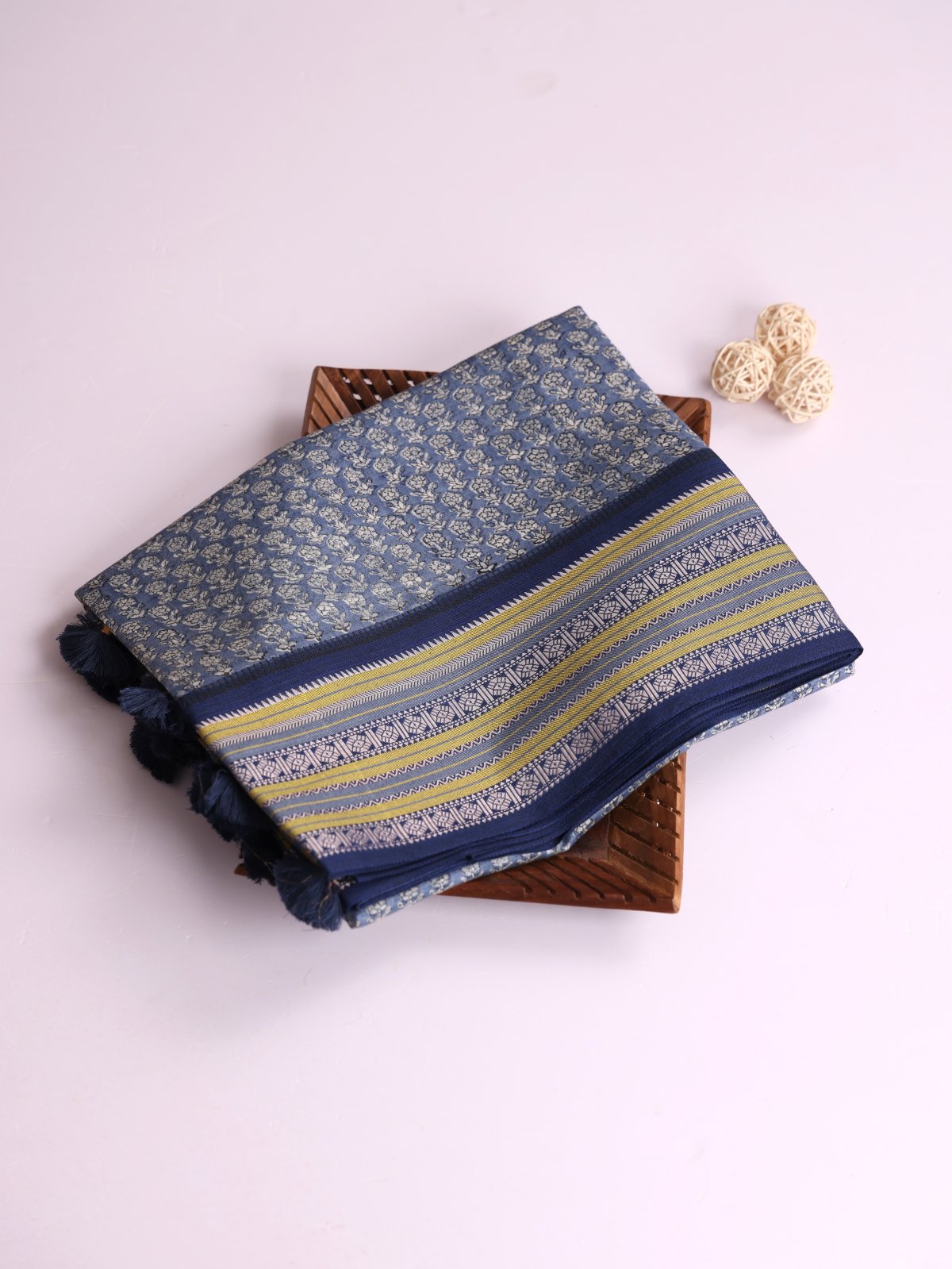 Blue Printed Chanderi Cotton Saree With Vidarbha Border