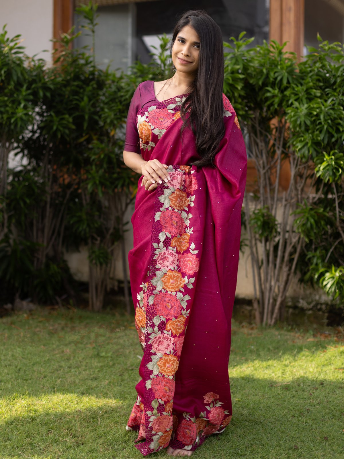 Dark Magenta Tussar Silk Saree with Floral Embroidery Border