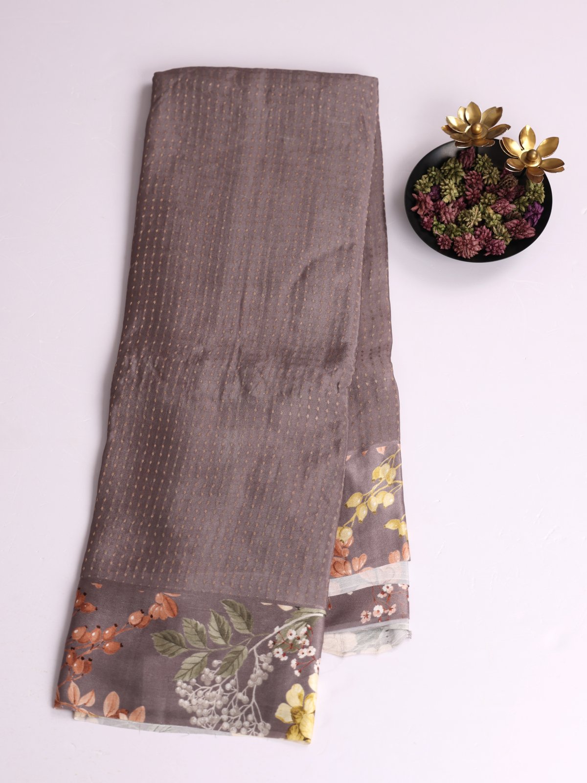Light Greyish Brown Crepe Silk Saree with Printed Satin Border