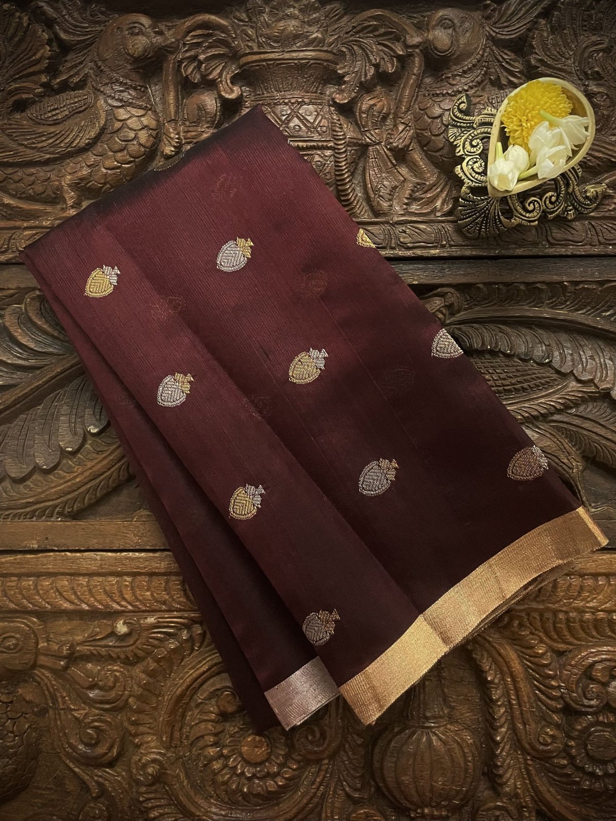 Maroon Chanderi Silk Blouse With Gold And Silver Zari Motifs