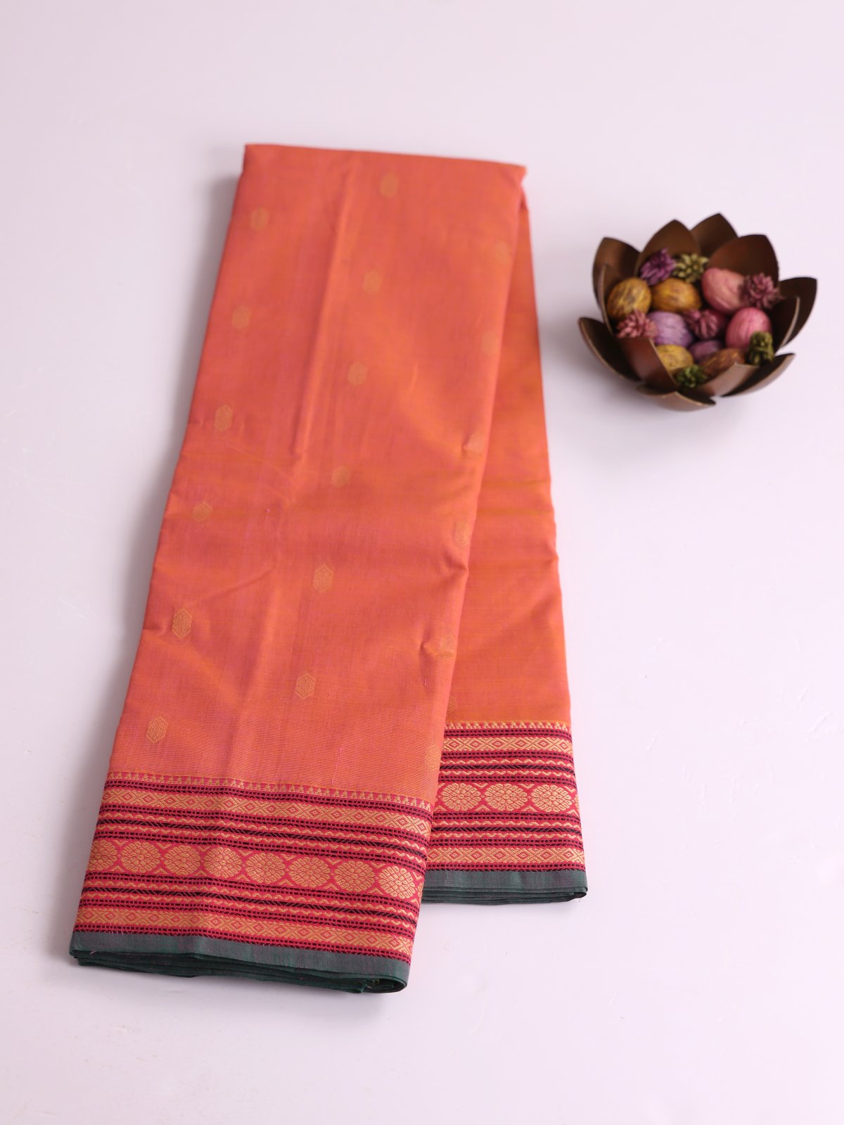 Pinkish Orange Kanchi Cotton Saree With Threadwork Border