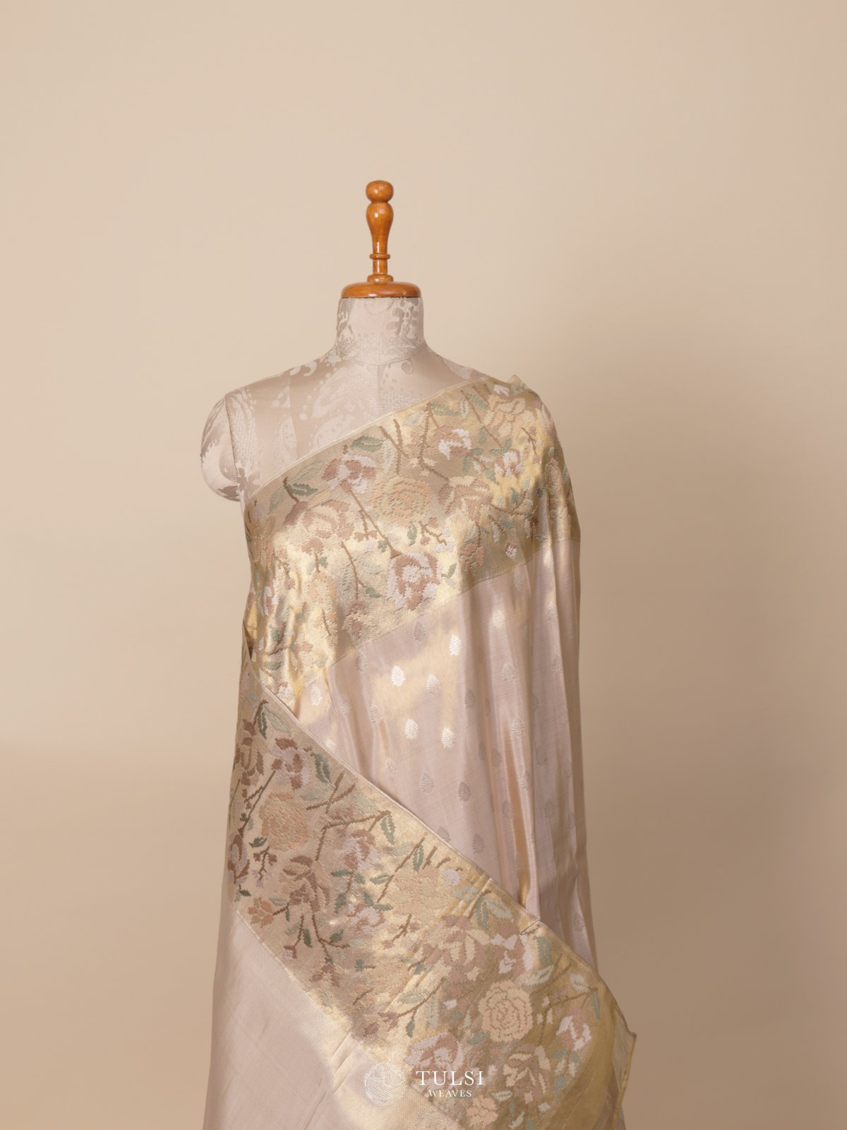 Off White Tissue Embroidered Kanjeevaram Silk Saree
