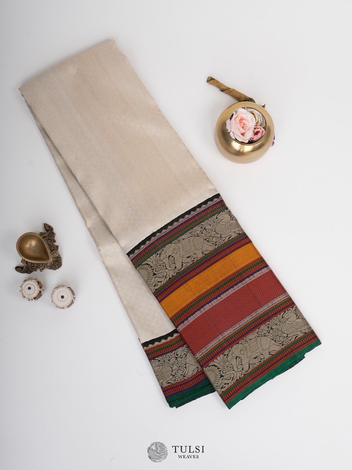 Off-White Kanjeevaram Silk Saree with Pattupettu border