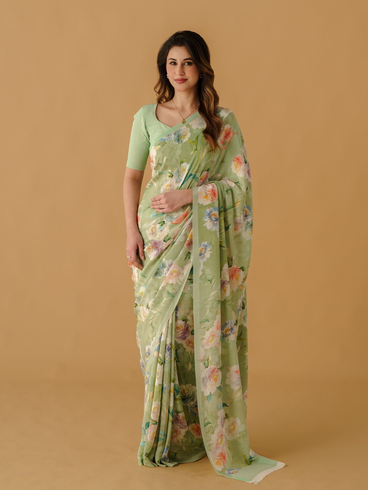 Pista Green Printed Crepe Silk Saree