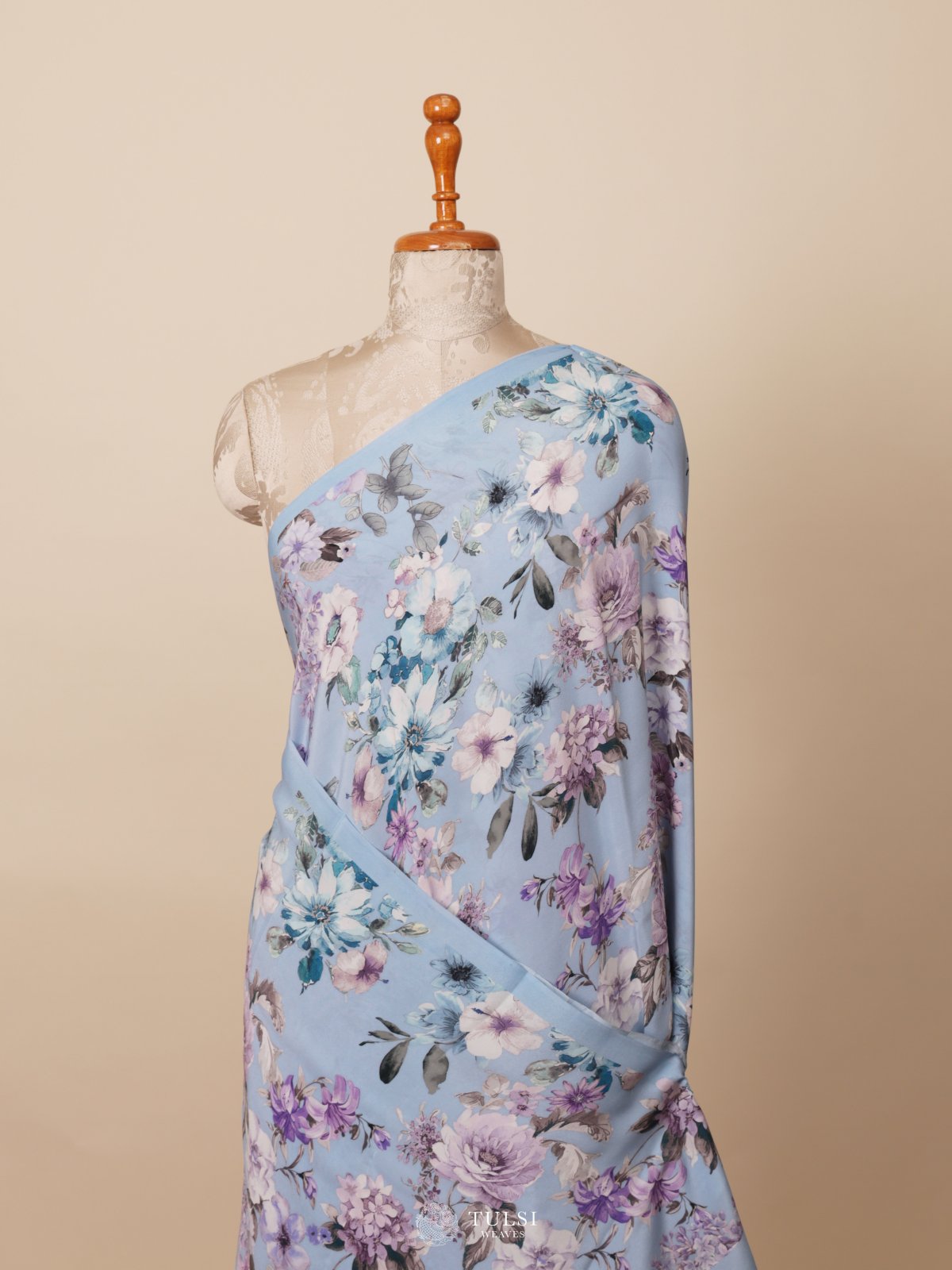 Light Blue Floral Printed Crepe Silk Saree
