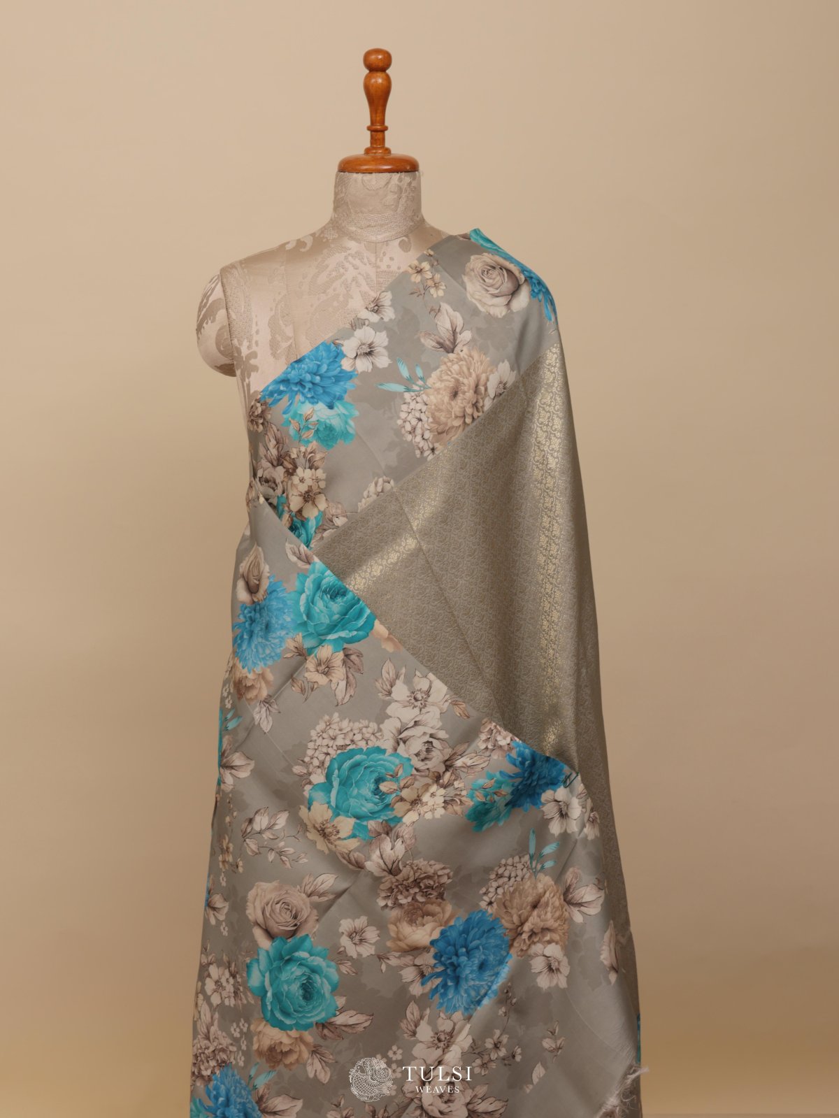 Grey Printed Kanjeevaram Silk Saree